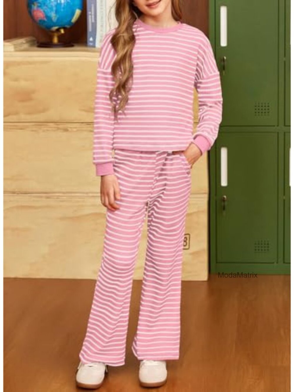 Girls Waffle Sweatshirt & Pants 2-Piece Set Long Sleeve Striped Casual - Picture 2 of 6